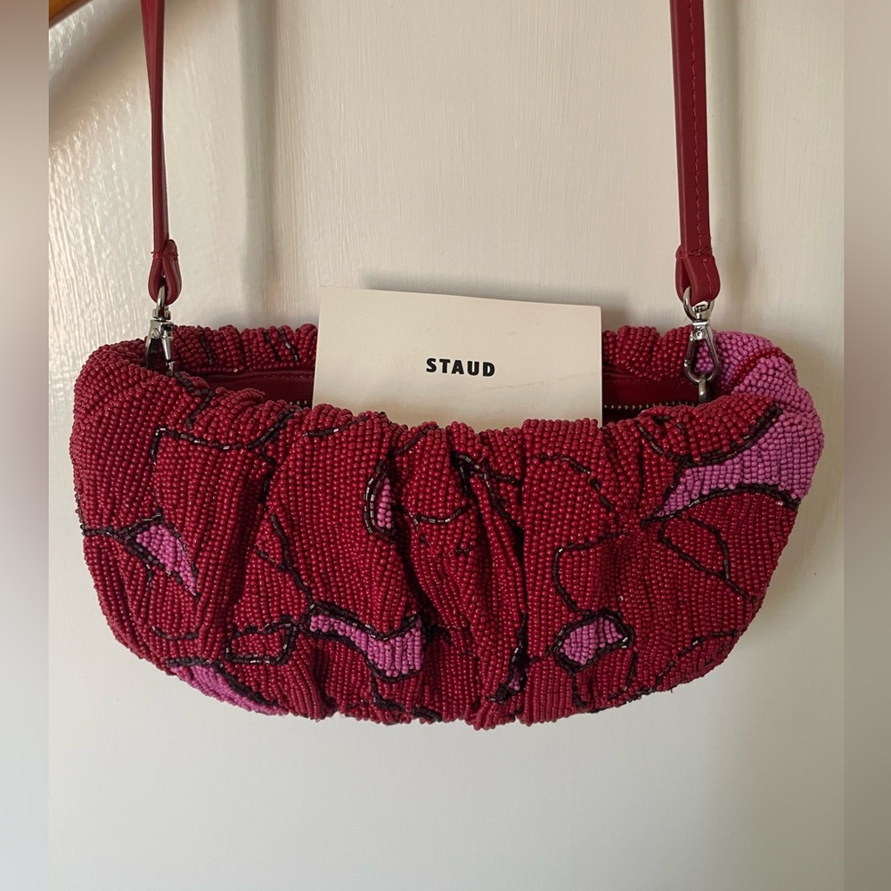 STAUD Beaded Bean Convertible Clutch (Color: Cherry Abstract)